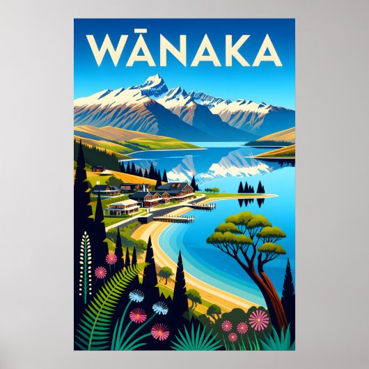 Wānaka Nieuw-Zeeland Retro Reisposter Kunst Poster (Voorkant)