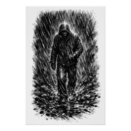 Wandelaar in de regen – Geïllustreerde geesteninkt Perfect Poster