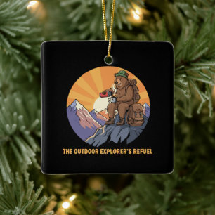 Wandelen Beer Koffiepauze Schattige Buitenlucht Keramisch Ornament