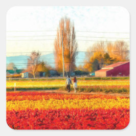Wandelen door Skagit Tulpen Fields Vierkante Sticker