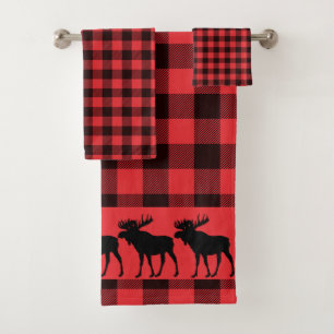 Wandelende Eland Silhouet Rood Zwart Geruit Patroo Bad Handdoek