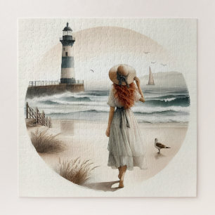 Wandeling bij vuurtoren aan zee legpuzzel