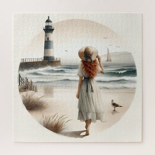 Wandeling bij vuurtoren aan zee legpuzzel (Verticaal)