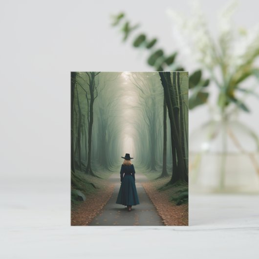 Wandeling in het mistig bos briefkaart (Staand voorkant)