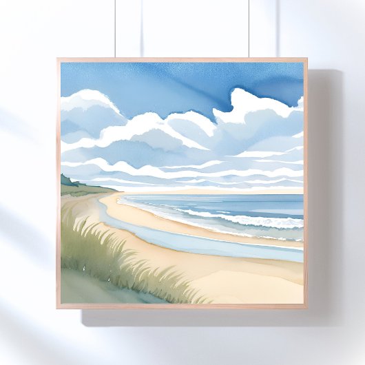 Wandeling langs het strand | Kust oceaan aquarel Poster