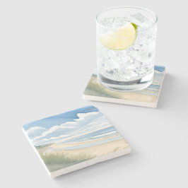 Wandeling langs het strand | Waterverfschilderij v Stenen Onderzetter