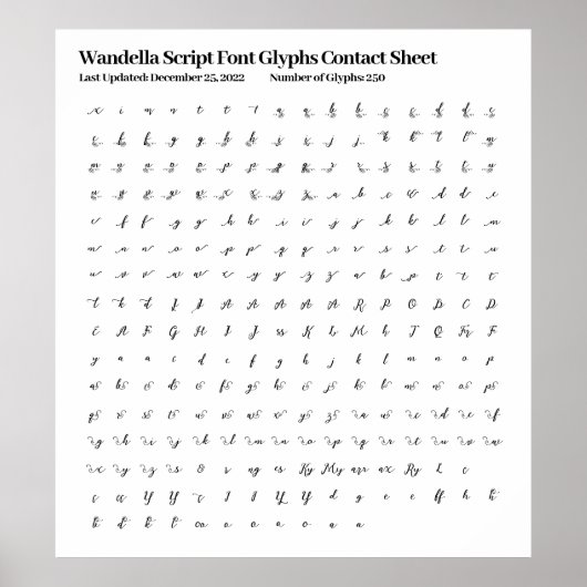 Wandella Script Lettertype Glyphs Contactblad Poster (Voorkant)
