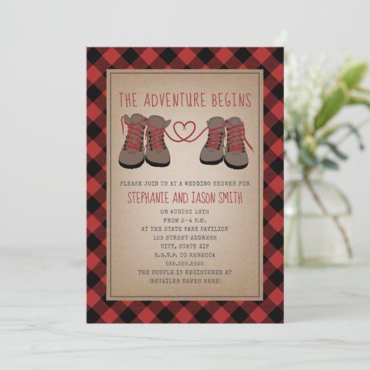 Wandelschoenen Avontuur Plaid Bruiloft Douche Kaart (Staand voorkant)