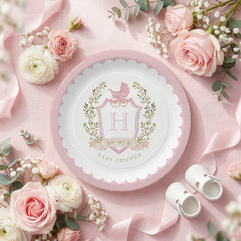 Wandelwagen Crest Monogram | Roze Baby Shower Papieren Bordje