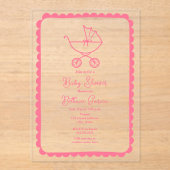 Wandelwagen Hand getrokken Border Roze Meisje Baby Acryl Uitnodigingen (Voorkant)
