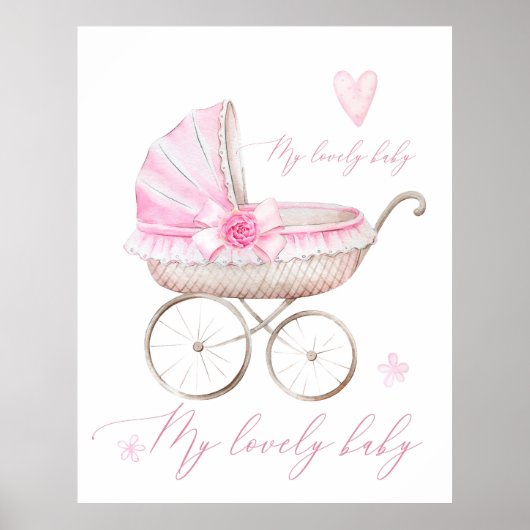 Wandelwagen voor meisjes Waterverf Roze Kraamcadea Poster (Voorkant)