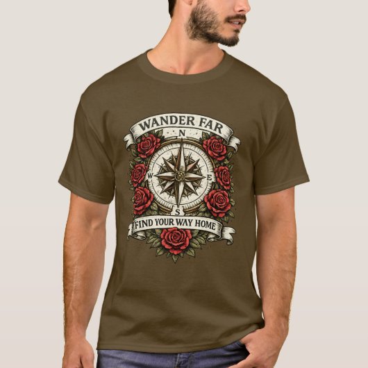 Wander Far Kompasroos Vintage T-Shirt (Voorkant)