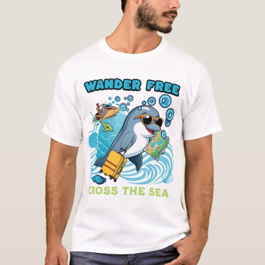 Wander Free Dolphin – Ocean Travel Adventure Carto T-shirt (Voorkant)