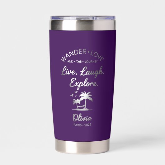 Wander Love, Live Laugh Explore, Purple Insulated  Geïsoleerde Drinkbeker (Voorkant)