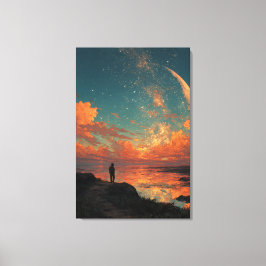 Wanderer Under Giant Crescent Moon Canvas Afdruk