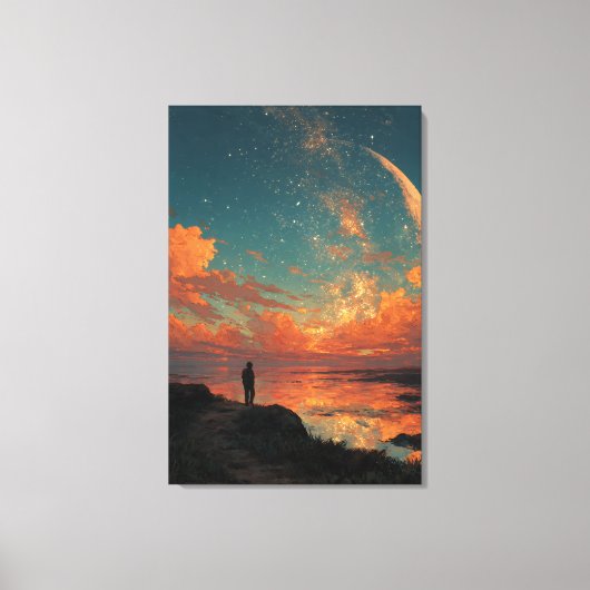 Wanderer Under Giant Crescent Moon Canvas Afdruk (Voorkant)