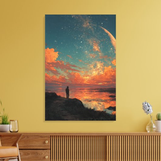 Wanderer Under Giant Crescent Moon Canvas Afdruk (Insitu (Woonkamer))