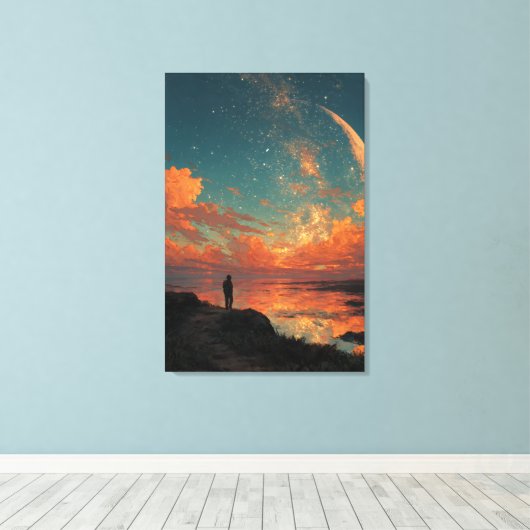 Wanderer Under Giant Crescent Moon Canvas Afdruk (Insitu (Houten vloer))
