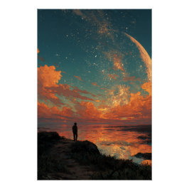Wanderer Under Giant Crescent Moon Perfect Poster