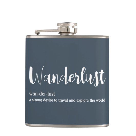 Wanderlust-definitie witte grijze blauwe kleur heupfles (Voorkant)