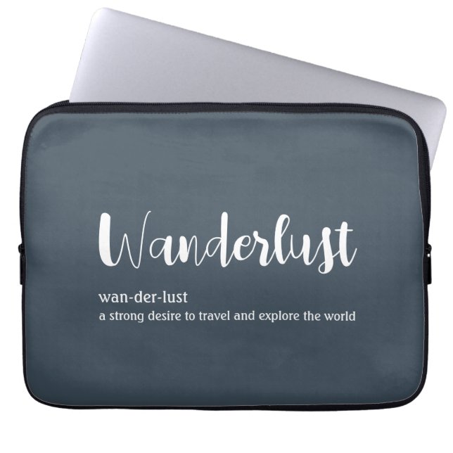 Wanderlust-definitie witte grijze blauwe kleur laptop sleeve (Voorkant)