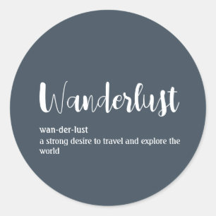 Wanderlust-definitie witte grijze blauwe kleur ronde sticker