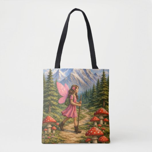 Wanderlust Mountain Fairy Hiker Fairycore Mushroom Tote Bag (Voorkant)