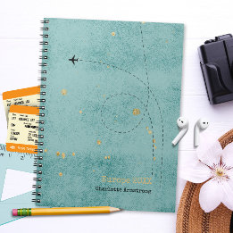 Wanderlust Naam Vliegtuig Groen Blauw Goud Travel Notitieboek