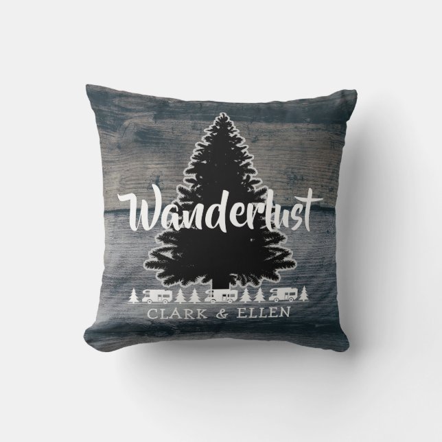 Wanderlust Pine Tree Rustic Grey Wood RV Camper Kussen (Voorkant)