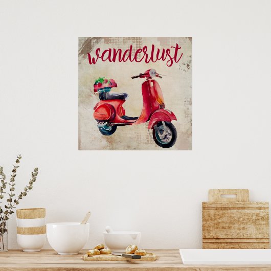 Wanderlust - Rode Waterverf Moped Poster (Keuken)