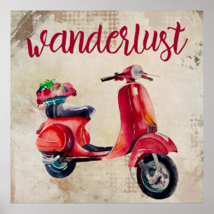Wanderlust - Rode Waterverf Moped Poster