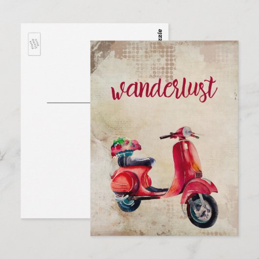Wanderlust - Schattigee Rode Waterverf Bromfiets Briefkaart (Voorkant / Achterkant)