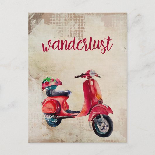 Wanderlust - Schattigee Rode Waterverf Bromfiets Briefkaart (Voorkant)