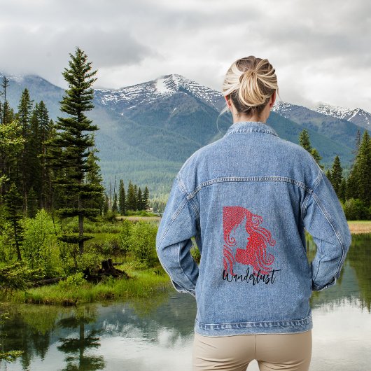 Wanderlust Vrouw Silhouet in Red Hearts Denim Jacket