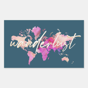 Wanderlust Waterverf Wereldkaart Reizen Navy Gold Rechthoekige Sticker