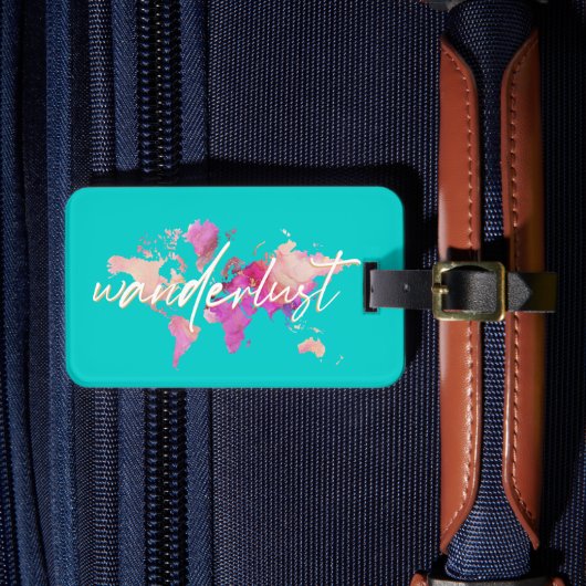 Wanderlust Waterverf Wereldkaart Reizen roze goud Bagagelabel (Voorkant Insitu 4)