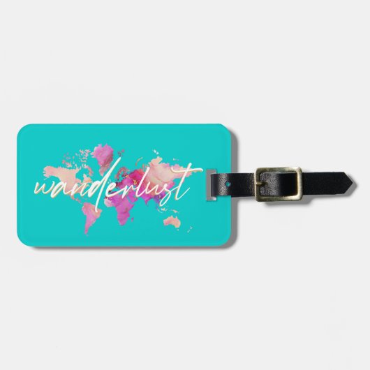 Wanderlust Waterverf Wereldkaart Reizen roze goud Bagagelabel (Voorkant horizontaal)