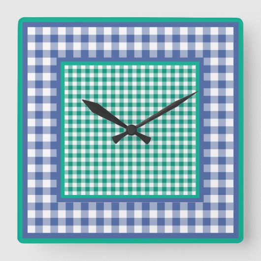 Wandklok, Emerald Green en Blue Check Gingham Vierkante Klok (Voorkant)
