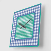 Wandklok, Emerald Green en Blue Check Gingham Vierkante Klok (Hoek)