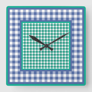 Wandklok, Emerald Green en Blue Check Gingham Vierkante Klok