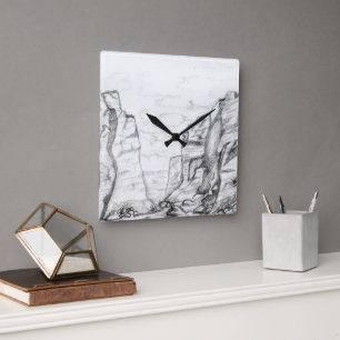 Wandklok met in zwart-wit geschetste canyon