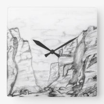 Wandklok met in zwart-wit geschetste canyon
