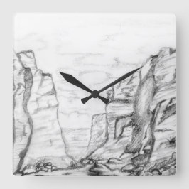 Wandklok met in zwart-wit geschetste canyon