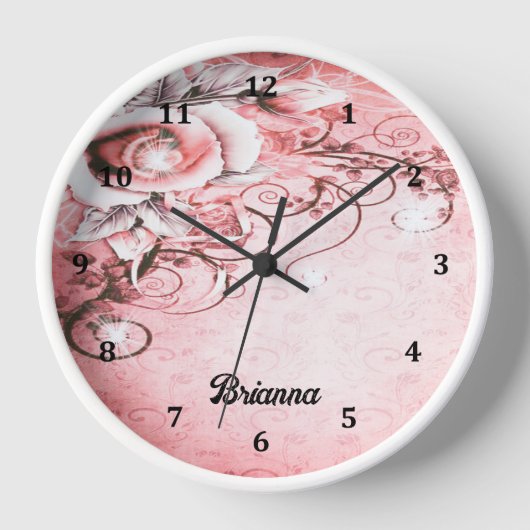 Wandklok met roze roos en wervelingen ontwerp (Voorkant)