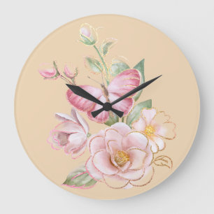 wandklok met vlinder en roze bloemen