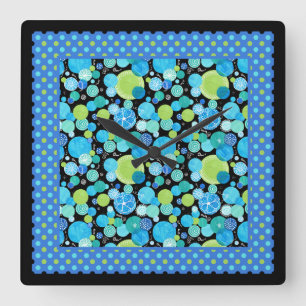 Wandklok, Mix'n'Match: Blauwe manen, Polka stippen Vierkante Klok