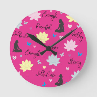 Wandklok | Roze Lotus Boho-ontwerp (Zwarte wijzers