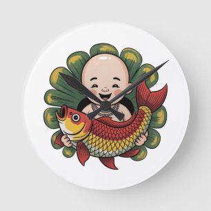 Wandklok Schattigee jongen met Lucky Koi
