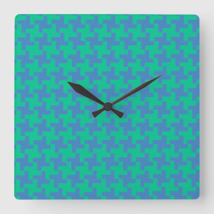 Wandklok, Smaragd en Blauwe Dogtand Check Vierkante Klok