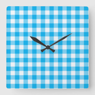 Wandklok, Turquoise blauw en wit Check Gingham Vierkante Klok